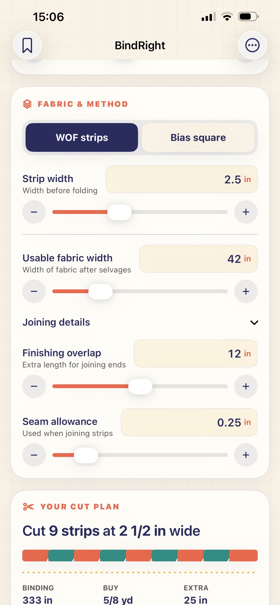 Fabric method settings and cutting result in BindRight