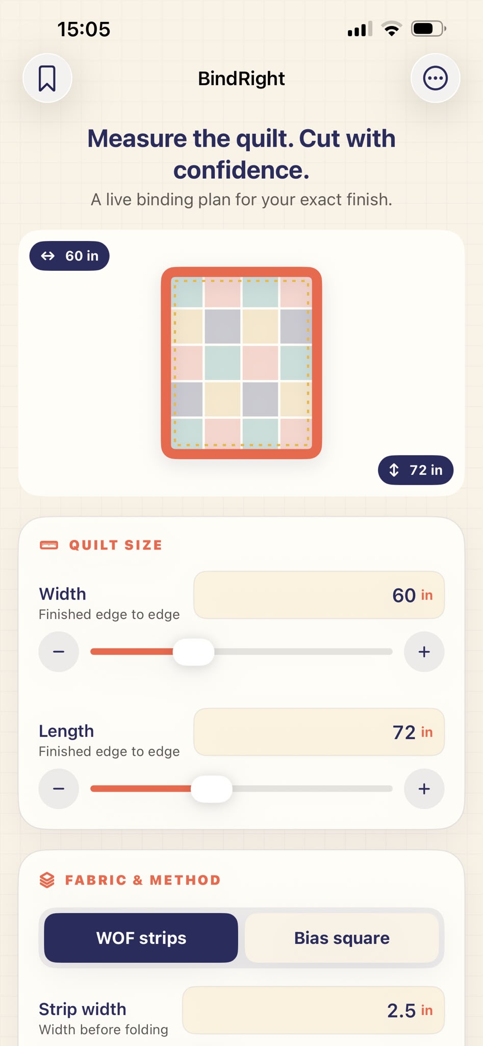 BindRight quilt size planner showing a 60 by 72 inch quilt